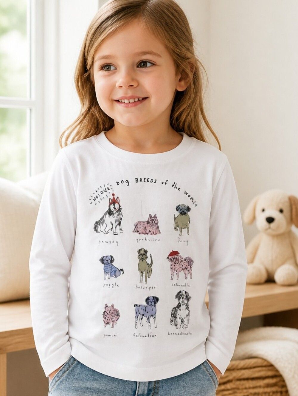 J.Crew Crewcuts Girls Dog Breeds Graphic Tee XS 4/5 White Long Sleeve Puppy Top